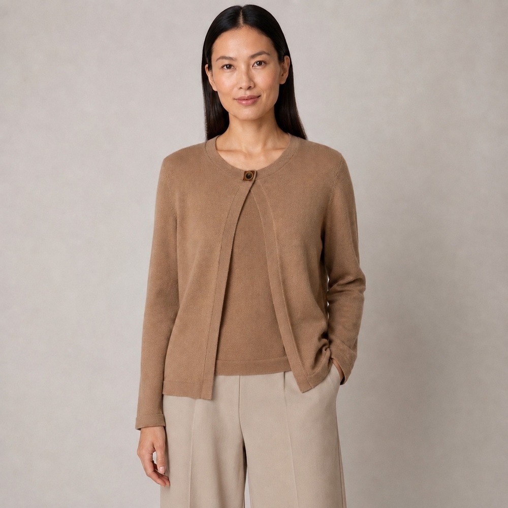 Anne Klein 100% Cashmere 2 Piece Sweater Set XS Camel Tan Tank Cardigan Luxury